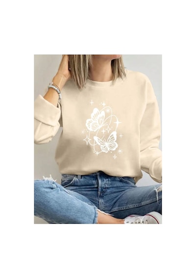 Herkesemoda Kelebek Desen Detaylı Bisiklet Yaka İçi Polarlı Sweatshirt Bej