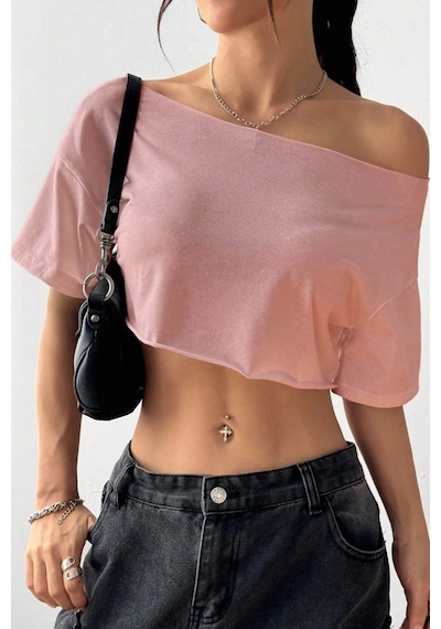Kadın Pembe Kayık Yaka Oversize Crop T-shirt Pembe
