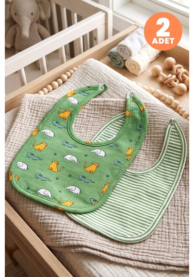 Just Inner Erkek Bebek 2'li Pamuklu Önlük Safari Ve Çizgili Desenli Çıtçıtlı Çift Katlı Cilt Dostu 584301 Yeşil