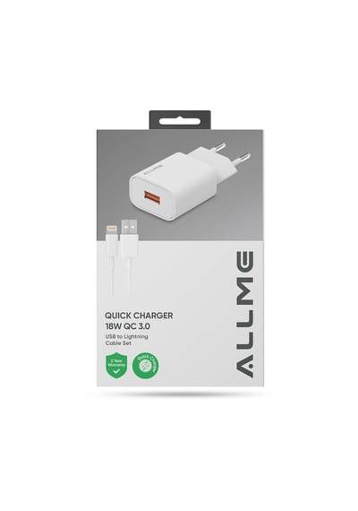 Allme Ss18ulb 18w Qc Adaptör + 3a Usb To Lightning Kablolu Hızlı Şarj Seti Beyaz 18 W