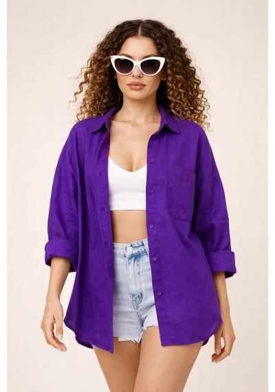 Rouge Basıc Oversize Keten Dokulu %100 Pamuk Salaş Gömlek Mor