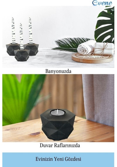 Mumluk Şamdan Tealight Ve İnce Mum Uyumlu Prizma Model - Siyah