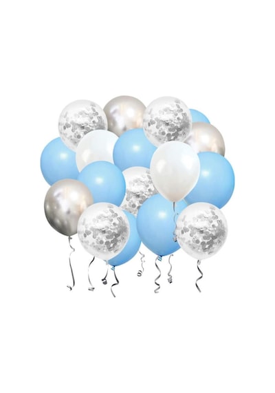 Beysüs 15'li Gümüş Konfetili 5 Şeffaf Balon 5 Makaron Mavi 5 Metalik Gri Balon Seti Standart