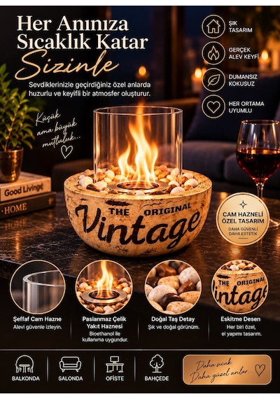 Technow Home-300c Cam Hazneli Vintage Eskitme Desen El Yapımı Masa Şöminesi Ateş Çukuru 500ml Bioethanol