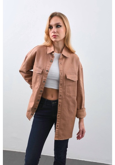 Kadın Oversize Jean Gömlek Bej 001