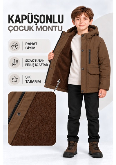 Ahengim Erkek Çocuk Kapüşonlu Kışlık Sıcak Tutan Fermuarlı Ve Cepli Kalın Mont Ak4313 Kahverengi