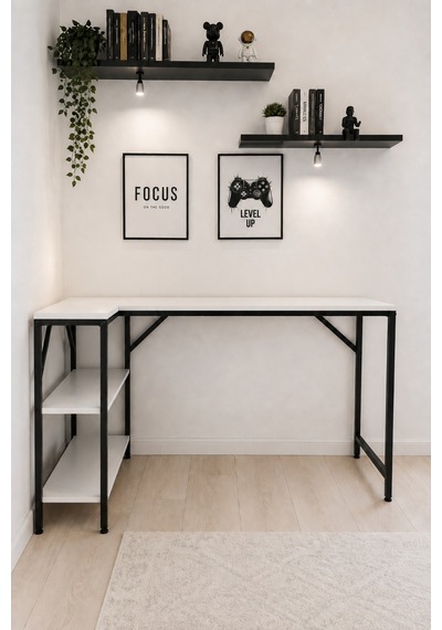Beyaz/siyah L Masa, Kitaplıklı, Raflı, 120 Cm Çalışma Masası, Bilgisayar, Pc, Oyuncu, Gaming Masası Metal Ayaklı
