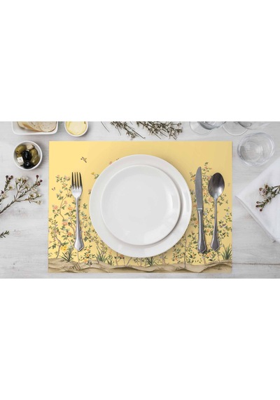Adawall Sarı Çiçek Detaylı Kumaş Amerikan Servis 4'lü Set Sarı