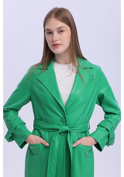 Selectmoda Kadın Kemerli Uzun Kaban Yeşil