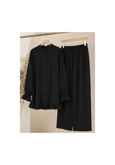 Hira Life Fashion Kadın Çilek Kumaş Dik Yaka Düğmeli Fırfır Detaylı Tesettür Tunik Pantolon İkili Takım Siyah Siyah