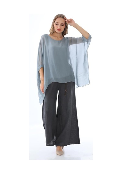 Bohem Stil İtalyan Yarasa Kol İpek Bluz-8869 Gri