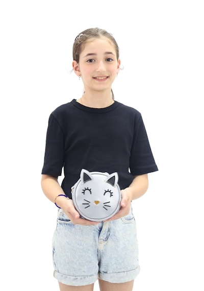 İcone Bag Yuvarlak Kedi Kafası Tasarımlı Kız Çocuk Omuz Çantası Suni Kız Çocuk Çantası Gümüş