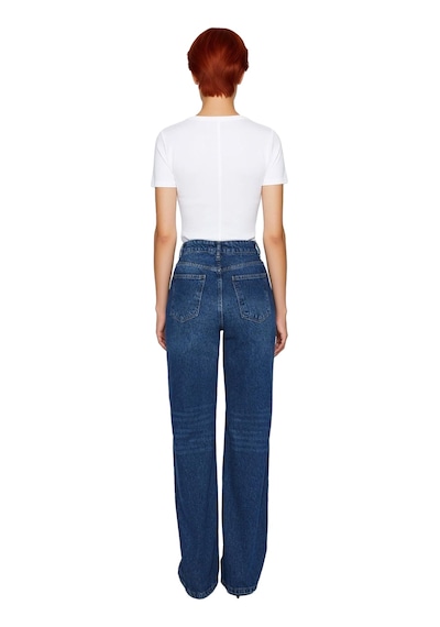 Ersefa Kadın Wide Leg Denim Pantolon Yüksek Bel Fonksiyonel Dayanıklı Ka Koyu Mavi