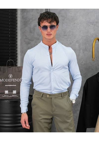 Modefendi %100 Pamuklu Slimfit Gizli Kanun Yaka Gömlek Mavi