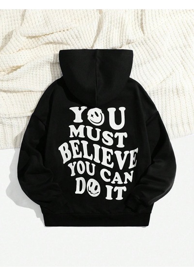You Must Believe Sweatshirt - Siyah Baskılı Oversize Kapüşonlu Siyah