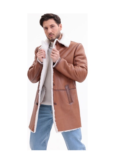 M M Marki Marki Erkek Hakiki Deri Kaban, İçi Kürklü, 90 Cm, Viski Rengi, Kışlık, Premium, İçi Kürklü Kaban - 500022