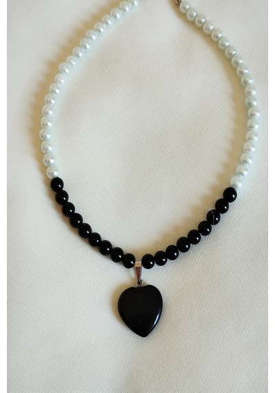 Bade Accessories 6 M Oniks Cam İnci Doğaltaş Kalp Choker Kolye Gümüş