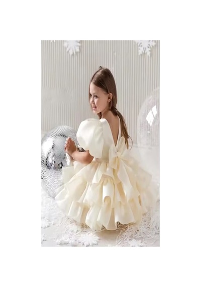 Lilymoon Prenses Kız Çocuk Saten Abiye Elbise Volanlı Kırık Beyaz