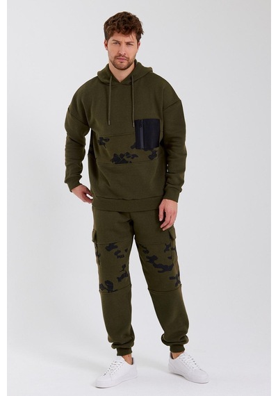 Polostate Erkek Kamuflaj Baskılı Kapüşonlu Sweatshirt Haki
