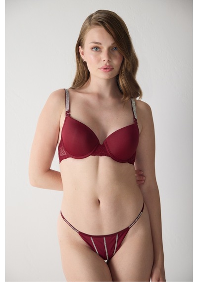 Magic Form Askısı Taşlı Dantelli Push Up Destekli Sütyen Bordo - 502016715 Bordo
