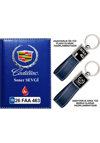 Plakanıza Özel Cadillac Logolu Lacivert Ruhsat Kabı Ve Anahtarlık