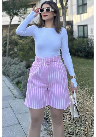 WeShaya Kadın Pembe Kemerli, Yüksek Bel, Pliseli, Rahat Kesim, Gabardin Şort Pembe