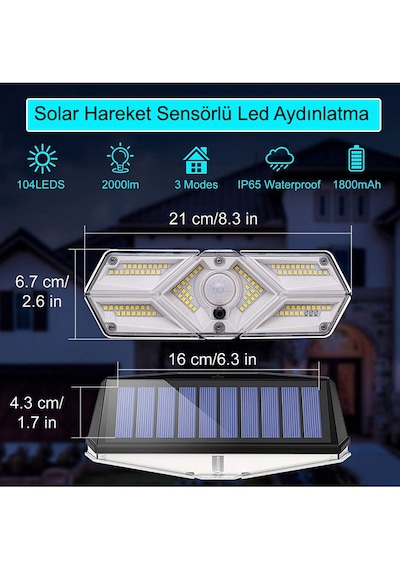 Greentech Güneş Enerjili Hareket Sensörlü, 6 Taraflı 104 Led Aydınlatma / GT-SL13-2 Adet