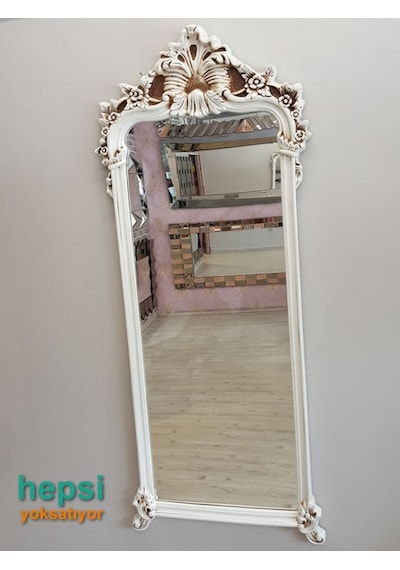 Vintage Madam Model Eskitme Beyaz Renk Varaklı Boy Aynası Beyaz