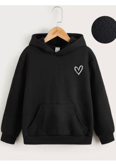 Çocuk Unisex Kapüşonlu Çizgi Kalp Baskılı Sweatshirt - Siyah