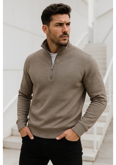 Rich Erkek Bej Yarım Fermuarlı Sweatshirt Bej
