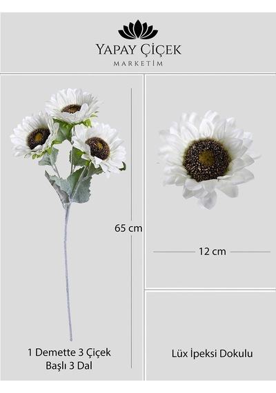 Beyaz Yapay Ay Çiçeği 3 Dallı Lüx İpeksi Dokulu 65 Cm