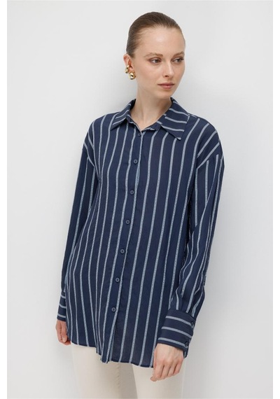 Mizalle Çizgili Oversize Lacivert Viskon Gömlek