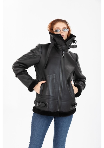 M M Marki Marki Kadın Siyah Vintage Deri Mont, Siyah Kürklü, Balıkçı Yaka, Oversize Model - 105222