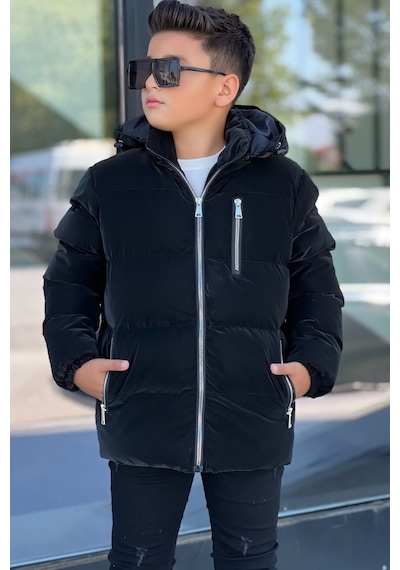 Pina Kids Erkek Çocuk Siyah Astarlı Çıkarılabilir Kapüşonlu Üç Cepli Nova Kumaş Kışlık Mont Km4015