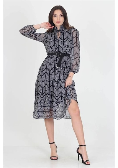 Dip Moda Kadın Puantiyeli Şifon Elbise Dpnb0005 Siyah