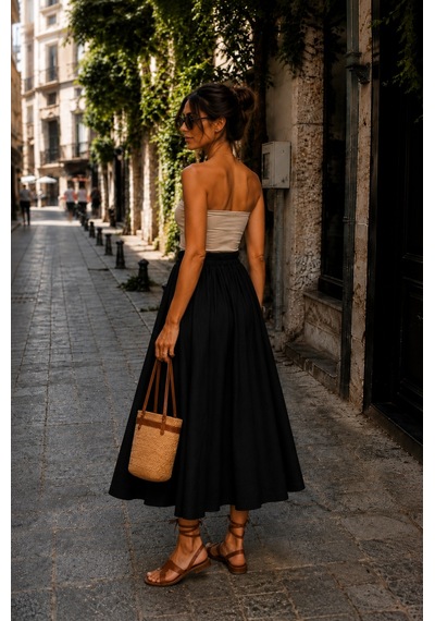 Eren Style İtalyan Beli Lastikli Kloş Etek Siyah
