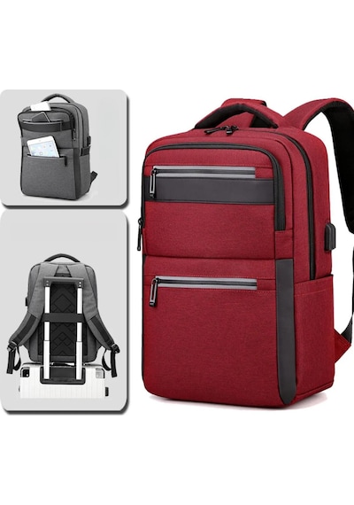 Laptop Sırt Çantası Okul İş Seyahat Usb Kulaklık Çıkışlı Kırmızı