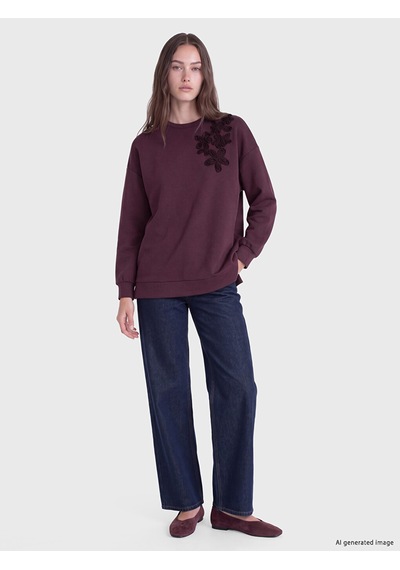 Lcw Modest Mürdüm Nakışlı Soft Touch Kadın Sweatshirt Tunik