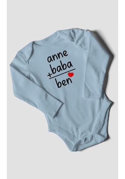 Anne Baba Ve Ben Baskılı Bebek Zıbını Çıtçıtlı Body %100 Pamuk Uzun Kol Bebe Mavisi