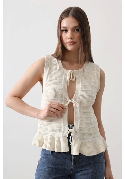 Defymoda Önü Bağlamalı Yelek - Ekru Ekru