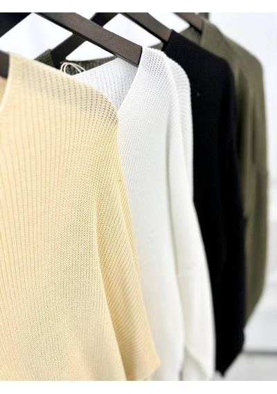 Elku Moda Kazak Oversize Örme Natural Pamuk Tüylenmeyen Kazak Salaş Tarz Triko Sweatshirt Haki - Yeşil