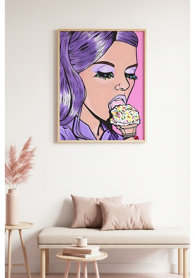 Doğal Ahşap Çerçeveli Mor Saçlı Pop Art Portre Tablo - Canlı Tonlar Huhu2031