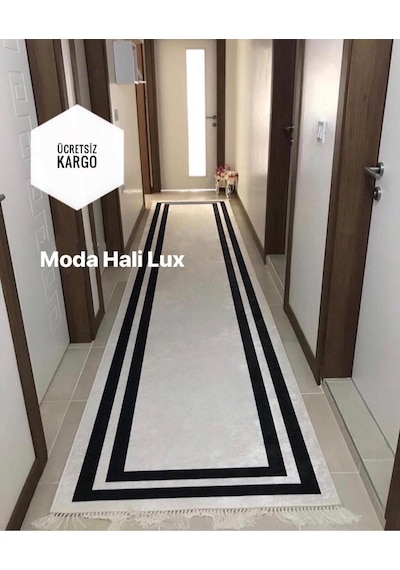 Paşa Kaymaz Tabanlı Yılkanabilir Halı Yolluk Beyaz Siyah
