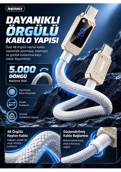 Remax Suxien Rc-c069 100w Pd Dijital Ekranlı Type-c To Type-c Hızlı Şarj Ve Data Kablosu 1.2 Metre Beyaz