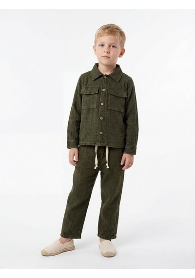 Zekids Erkek Çocuk Müslin Dokulu Rahat Kesim Pantolon-17144 Yeşil