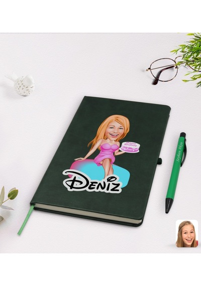 Kişiye Özel Kadın Doğum Günü Karikatürlü Yeşil Termo Deri Defter N11.2331