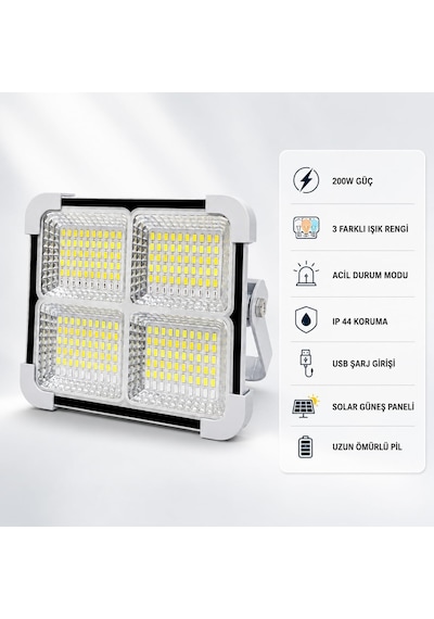Lexroo 200w Solar Led Projektör, 3 Renk Işık Modlu Şarjlı Kamp Lambası Standart