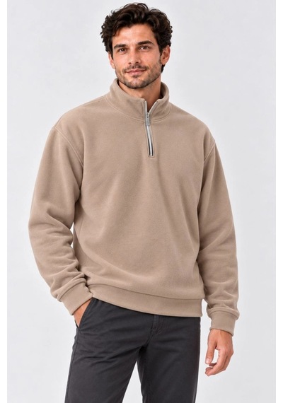 Moda Erkek Polar Dik Yaka Yarım Fermuarlı Uzun Kollu Regular Fit Kışlık Sweatshirt - Bej Çok Renkli