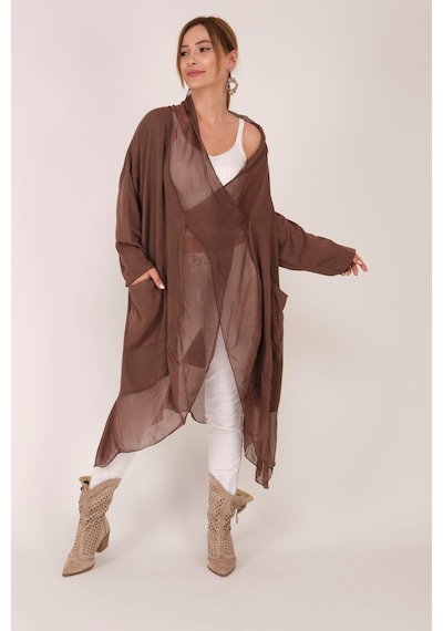 Bohem Stil Italyan Ipek Detaylı Oversize Kaftan & Bluz-8711 Kahverengi
