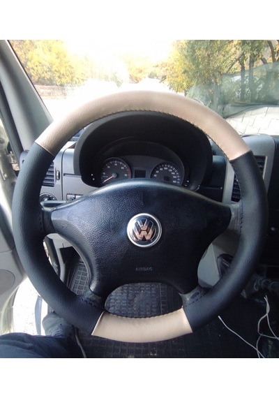 Dikişli Direksiyon Kılıfı Krem Deri Siyah Deri Vw Crafter Çıkıntısız Direksiyon İçin Siyah